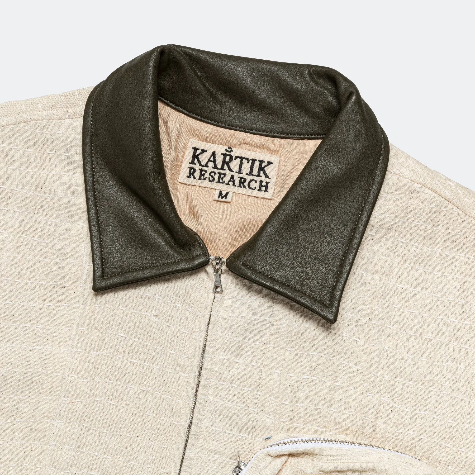 Cropped Jacket - Kantha Embroidery Ecru/Olive