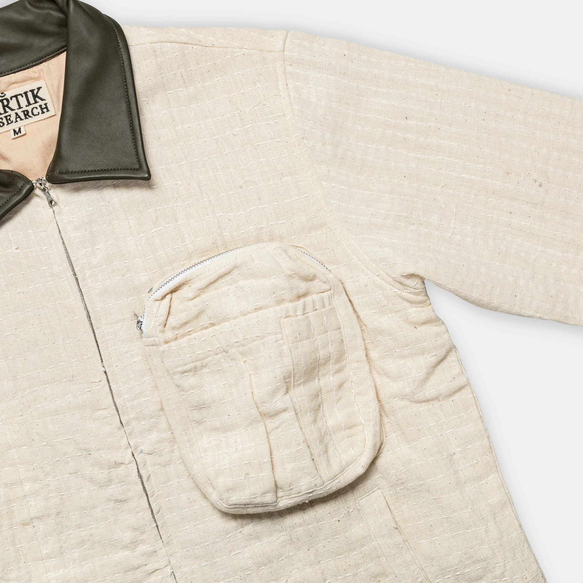 Cropped Jacket - Kantha Embroidery Ecru/Olive