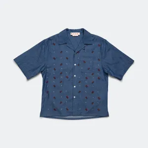 Short Sleeve Pattern Cotton Shirt - Blue